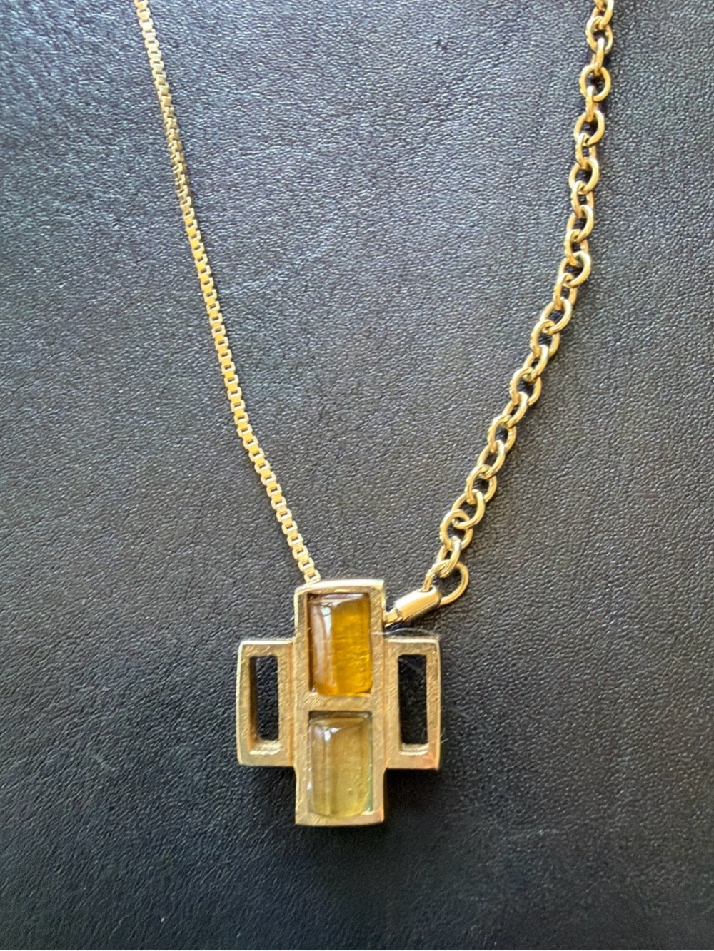 Vintage Givenchy Gold Tone Amber Glass Geometric Pendant Necklace